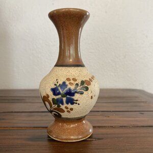 Vintage Mexican Art Pottery Stoneware Vase Hand Painted Signed Floral Small 5”